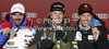 Winner Ted Ligety of USA (M), second placed Gauthier De Tessieres of France (L) and third placed Aksel Lund Svindal of Norway (R) celebrate their medals won in men Super-g race of FIS Alpine skiing World Championships in Schladming, Austria. Men super-g race of FIS Alpine skiing World championships Schladming 2013, was held in Scladming, Austria, on Wednesday, 6th of February 2013.
