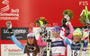 Winner and new super combined World champions Maria Hoefl-Riesch of Germany (M), second placed Tina Maze of Slovenia (L) and third placed Nicole Hosp of Austria (R) celebrate their medals won in women super combined race of FIS Alpine skiing World Championships in Schladming, Austria. Women super combined race of FIS Alpine skiing World championships Schladming 2013, was held in Schladming, Austria, on Friday, 8th of February 2013.
