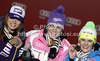 Winner and new super combined World Champion Maria Hoefl-Riesch of Germany (M), second placed Tina Maze of Slovenia (L) and third placed Nicole Hosp of Austria (R) celebrate their medals won in women super combined race of FIS Alpine skiing World Championships in Schladming, Austria. Women super combined race of FIS Alpine skiing World championships Schladming 2013, was held in Schladming, Austria, on Friday, 8th of February 2013.

