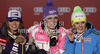 Winner and new super combined World Champion Maria Hoefl-Riesch of Germany (M), second placed Tina Maze of Slovenia (L) and third placed Nicole Hosp of Austria (R) celebrate their medals won in women super combined race of FIS Alpine skiing World Championships in Schladming, Austria. Women super combined race of FIS Alpine skiing World championships Schladming 2013, was held in Schladming, Austria, on Friday, 8th of February 2013.
