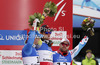 Winner and new downhill World champion Aksel Lund Svindal of Norway (M), second placed Dominik Paris of Italy (L) and third placed David Poisson of France (R) celebrate their medals won in men downhill race of FIS Alpine skiing World Championships in Schladming, Austria. Men downhill race of FIS Alpine skiing World championships Schladming 2013, was held in Schladming, Austria, on Saturday, 9th of February 2013.
