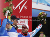Winner and new downhill World champion Aksel Lund Svindal of Norway (M), second placed Dominik Paris of Italy (L) and third placed David Poisson of France (R) celebrate their medals won in men downhill race of FIS Alpine skiing World Championships in Schladming, Austria. Men downhill race of FIS Alpine skiing World championships Schladming 2013, was held in Schladming, Austria, on Saturday, 9th of February 2013.
