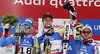 Winner and new downhill World champion Aksel Lund Svindal of Norway (M), second placed Dominik Paris of Italy (L) and third placed David Poisson of France (R) celebrate their medals won in men downhill race of FIS Alpine skiing World Championships in Schladming, Austria. Men downhill race of FIS Alpine skiing World championships Schladming 2013, was held in Schladming, Austria, on Saturday, 9th of February 2013.
