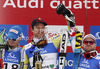 Winner and new downhill World champion Aksel Lund Svindal of Norway (M), second placed Dominik Paris of Italy (L) and third placed David Poisson of France (R) celebrate their medals won in men downhill race of FIS Alpine skiing World Championships in Schladming, Austria. Men downhill race of FIS Alpine skiing World championships Schladming 2013, was held in Schladming, Austria, on Saturday, 9th of February 2013.
