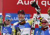 Winner and new downhill World champion Aksel Lund Svindal of Norway (M), second placed Dominik Paris of Italy (L) and third placed David Poisson of France (R) celebrate their medals won in men downhill race of FIS Alpine skiing World Championships in Schladming, Austria. Men downhill race of FIS Alpine skiing World championships Schladming 2013, was held in Schladming, Austria, on Saturday, 9th of February 2013.

