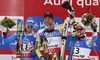 Winner and new downhill World champion Aksel Lund Svindal of Norway (M), second placed Dominik Paris of Italy (L) and third placed David Poisson of France (R) celebrate their medals won in men downhill race of FIS Alpine skiing World Championships in Schladming, Austria. Men downhill race of FIS Alpine skiing World championships Schladming 2013, was held in Schladming, Austria, on Saturday, 9th of February 2013.
