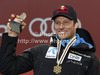 Winner and new downhill World Champion Aksel Lund Svindal of Norway celebrates his medal won in men downhill race of FIS Alpine skiing World Championships in Schladming, Austria. Men downhill race of FIS Alpine skiing World championships Schladming 2013, was held in Schladming, Austria, on Saturday, 9th of February 2013.
