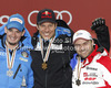 Winner and new downhill World Champion Aksel Lund Svindal of Norway (M), second placed Dominik Paris of Italy (L) and third placed David Poisson of France (R) celebrate their medals won in men downhill race of FIS Alpine skiing World Championships in Schladming, Austria. Men downhill race of FIS Alpine skiing World championships Schladming 2013, was held in Schladming, Austria, on Saturday, 9th of February 2013.
