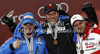 Winner and new downhill World Champion Aksel Lund Svindal of Norway (M), second placed Dominik Paris of Italy (L) and third placed David Poisson of France (R) celebrate their medals won in men downhill race of FIS Alpine skiing World Championships in Schladming, Austria. Men downhill race of FIS Alpine skiing World championships Schladming 2013, was held in Schladming, Austria, on Saturday, 9th of February 2013.
