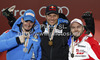 Winner and new downhill World Champion Aksel Lund Svindal of Norway (M), second placed Dominik Paris of Italy (L) and third placed David Poisson of France (R) celebrate their medals won in men downhill race of FIS Alpine skiing World Championships in Schladming, Austria. Men downhill race of FIS Alpine skiing World championships Schladming 2013, was held in Schladming, Austria, on Saturday, 9th of February 2013.
