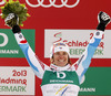 Winner and new women downhill World Champion Marion Rolland of France celebrates her medal won in women downhill race of FIS Alpine skiing World Championships in Schladming, Austria. Women downhill race of FIS Alpine skiing World championships Schladming 2013, was held in Schladming, Austria, on Sunday, 10th of February 2013.
