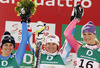 Winner and new women downhill World Champion Marion Rolland of France (M), second placed Nadia Fanchini of Italy (L) and third placed Maria Hoefl-Riesch of Germany (R) celebrate their medals won in women downhill race of FIS Alpine skiing World Championships in Schladming, Austria. Women downhill race of FIS Alpine skiing World championships Schladming 2013, was held in Schladming, Austria, on Sunday, 10th of February 2013.
