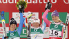 Winner and new women downhill World Champion Marion Rolland of France (M), second placed Nadia Fanchini of Italy (L) and third placed Maria Hoefl-Riesch of Germany (R) celebrate their medals won in women downhill race of FIS Alpine skiing World Championships in Schladming, Austria. Women downhill race of FIS Alpine skiing World championships Schladming 2013, was held in Schladming, Austria, on Sunday, 10th of February 2013.
