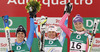 Winner and new women downhill World Champion Marion Rolland of France (M), second placed Nadia Fanchini of Italy (L) and third placed Maria Hoefl-Riesch of Germany (R) celebrate their medals won in women downhill race of FIS Alpine skiing World Championships in Schladming, Austria. Women downhill race of FIS Alpine skiing World championships Schladming 2013, was held in Schladming, Austria, on Sunday, 10th of February 2013.
