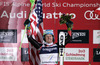 Winner and new super combined World Champion Ted Ligety of USA celebrates his medal won in men super combined race of FIS Alpine skiing World Championships in Schladming, Austria. Slalom of men super combined race of FIS Alpine skiing World championships Schladming 2013, was held in Schladming, Austria, on Monday, 11th of February 2013.
