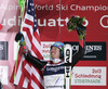 Winner and new super combined World Champion Ted Ligety of USA celebrates his medal won in men super combined race of FIS Alpine skiing World Championships in Schladming, Austria. Slalom of men super combined race of FIS Alpine skiing World championships Schladming 2013, was held in Schladming, Austria, on Monday, 11th of February 2013.
