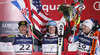 Winner and new super combined World Champion Ted Ligety of USA (M), second placed Ivica Kostelic of Croatia (L) and third placed Romed Baumann of Austria (R) celebrate their medals won in men super combined race of FIS Alpine skiing World Championships in Schladming, Austria. Slalom of men super combined race of FIS Alpine skiing World championships Schladming 2013, was held in Schladming, Austria, on Monday, 11th of February 2013.
