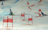 Tanja Poutiainen of Finland (L) and Frida Hansdotter of Sweden (R) skiing in team event race of FIS Alpine skiing World Championships in Schladming, Austria. Slalom of men super combined race of FIS Alpine skiing World championships Schladming 2013, was held in Schladming, Austria, on Tuesday, 12th of February 2013.

