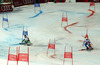 Eemeli Pirinen of Finland (L) and Andre Myhrer of Sweden (R) skiing in team event race of FIS Alpine skiing World Championships in Schladming, Austria. Slalom of men super combined race of FIS Alpine skiing World championships Schladming 2013, was held in Schladming, Austria, on Tuesday, 12th of February 2013.
