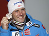 Third placed Romed Baumann of Austria celebrates his medal won in men super combined race of FIS Alpine skiing World Championships in Schladming, Austria. Men super combined race of FIS Alpine skiing World championships Schladming 2013, was held in Schladming, Austria, on Monday, 11th of February 2013.
