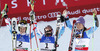 Winner and new women giant slalom World Champion Tessa Worley of France (M). second placed Tina Maze of Slovenia (R) and third placed Anna Fenninger of Austria (L) celebrate their success  in finish of second run of women giant slalom race of FIS Alpine skiing World Championships in Schladming, Austria. Women giant slalom race of FIS Alpine skiing World championships Schladming 2013, was held in Schladming, Austria, on Thursday, 14th of February 2013.
