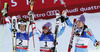 Winner and new women giant slalom World Champion Tessa Worley of France (M). second placed Tina Maze of Slovenia (R) and third placed Anna Fenninger of Austria (L) celebrate their success  in finish of second run of women giant slalom race of FIS Alpine skiing World Championships in Schladming, Austria. Women giant slalom race of FIS Alpine skiing World championships Schladming 2013, was held in Schladming, Austria, on Thursday, 14th of February 2013.

