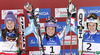 Winner and new women giant slalom World Champion Tessa Worley of France (M). second placed Tina Maze of Slovenia (R) and third placed Anna Fenninger of Austria (L) celebrate their success  in finish of second run of women giant slalom race of FIS Alpine skiing World Championships in Schladming, Austria. Women giant slalom race of FIS Alpine skiing World championships Schladming 2013, was held in Schladming, Austria, on Thursday, 14th of February 2013.
