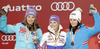 Winner and new women giant slalom World Champion Tessa Worley of France (M), second placed Tina Maze of Slovenia (L) and third placed Anna Fenninger of Austria (R) celebrate their medals won in women giant slalom race of FIS Alpine skiing World Championships in Schladming, Austria. Women giant slalom race of FIS Alpine skiing World championships Schladming 2013, was held in Schladming, Austria, on Thursday, 14th of February 2013.
