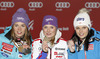 Winner and new women giant slalom World Champion Tessa Worley of France (M), second placed Tina Maze of Slovenia (L) and third placed Anna Fenninger of Austria (R) celebrate their medals won in women giant slalom race of FIS Alpine skiing World Championships in Schladming, Austria. Women giant slalom race of FIS Alpine skiing World championships Schladming 2013, was held in Schladming, Austria, on Thursday, 14th of February 2013.
