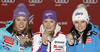 Winner and new women giant slalom World Champion Tessa Worley of France (M), second placed Tina Maze of Slovenia (L) and third placed Anna Fenninger of Austria (R) celebrate their medals won in women giant slalom race of FIS Alpine skiing World Championships in Schladming, Austria. Women giant slalom race of FIS Alpine skiing World championships Schladming 2013, was held in Schladming, Austria, on Thursday, 14th of February 2013.
