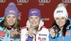 Winner and new women giant slalom World Champion Tessa Worley of France (M), second placed Tina Maze of Slovenia (L) and third placed Anna Fenninger of Austria (R) celebrate their medals won in women giant slalom race of FIS Alpine skiing World Championships in Schladming, Austria. Women giant slalom race of FIS Alpine skiing World championships Schladming 2013, was held in Schladming, Austria, on Thursday, 14th of February 2013.
