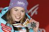 Second placed Tina Maze of Slovenia celebrates her medal won in women giant slalom race of FIS Alpine skiing World Championships in Schladming, Austria. Women giant slalom race of FIS Alpine skiing World championships Schladming 2013, was held in Schladming, Austria, on Thursday, 14th of February 2013.
