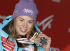 Second placed Tina Maze of Slovenia celebrates her medal won in women giant slalom race of FIS Alpine skiing World Championships in Schladming, Austria. Women giant slalom race of FIS Alpine skiing World championships Schladming 2013, was held in Schladming, Austria, on Thursday, 14th of February 2013.
