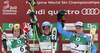 Winner and new men giant slalom World Champion Ted Ligety of USA (M), second placed Marcel Hirscher of Austria (L) and third placed Manfred Moelgg of Italy (R) celebrate their success in finish of second run of men giant slalom race of FIS Alpine skiing World Championships in Schladming, Austria. Men giant slalom race of FIS Alpine skiing World championships Schladming 2013, was held in Schladming, Austria, on Friday, 15th of February 2013.
