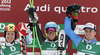Winner and new men giant slalom World Champion Ted Ligety of USA (M), second placed Marcel Hirscher of Austria (L) and third placed Manfred Moelgg of Italy (R) celebrate their success in finish of second run of men giant slalom race of FIS Alpine skiing World Championships in Schladming, Austria. Men giant slalom race of FIS Alpine skiing World championships Schladming 2013, was held in Schladming, Austria, on Friday, 15th of February 2013.
