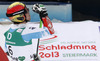 Second placed Marcel Hirscher of Austria reacts in finish of second run of men giant slalom race of FIS Alpine skiing World Championships in Schladming, Austria. Men giant slalom race of FIS Alpine skiing World championships Schladming 2013, was held in Schladming, Austria, on Friday, 15th of February 2013.
