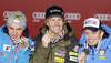 Winner and new men giant slalom World Champion Ted Ligety of USA (M), second placed Marcel Hirscher of Austria (L) and third placed Manfred Moelgg of Italy (R) celebrate their medals won in men giant slalom race of FIS Alpine skiing World Championships in Schladming, Austria. Men giant slalom race of FIS Alpine skiing World championships Schladming 2013, was held in Schladming, Austria, on Friday, 15th of February 2013.
