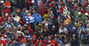 Finnish fans cheering for Tanja Poutiainen  during first run of women slalom race of FIS Alpine skiing World Championships in Schladming, Austria. Women slalom race of FIS Alpine skiing World championships Schladming 2013, was held in Schladming, Austria, on Saturday, 16th of February 2013.
