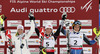 Winner and new women slalom World Champion Mikaela Shiffrin of USA (M), second placed Michaela Kirchgasser of Austria (L) and third placed Frida Hansdotter of Sweden (R) celebrate their medals won in women slalom race of FIS Alpine skiing World Championships in Schladming, Austria. Women slalom race of FIS Alpine skiing World championships Schladming 2013, was held in Schladming, Austria, on Saturday, 16th of February 2013.
