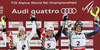 Winner and new women slalom World Champion Mikaela Shiffrin of USA (M), second placed Michaela Kirchgasser of Austria (L) and third placed Frida Hansdotter of Sweden (R) celebrate their medals won in women slalom race of FIS Alpine skiing World Championships in Schladming, Austria. Women slalom race of FIS Alpine skiing World championships Schladming 2013, was held in Schladming, Austria, on Saturday, 16th of February 2013.
