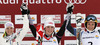 Winner and new women slalom World Champion Mikaela Shiffrin of USA (M), second placed Michaela Kirchgasser of Austria (L) and third placed Frida Hansdotter of Sweden (R) celebrate their medals won in women slalom race of FIS Alpine skiing World Championships in Schladming, Austria. Women slalom race of FIS Alpine skiing World championships Schladming 2013, was held in Schladming, Austria, on Saturday, 16th of February 2013.
