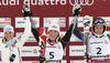 Winner and new women slalom World Champion Mikaela Shiffrin of USA (M), second placed Michaela Kirchgasser of Austria (L) and third placed Frida Hansdotter of Sweden (R) celebrate their medals won in women slalom race of FIS Alpine skiing World Championships in Schladming, Austria. Women slalom race of FIS Alpine skiing World championships Schladming 2013, was held in Schladming, Austria, on Saturday, 16th of February 2013.

