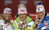 Winner and new slalom World Champion Mikaela Shiffrin of USA (M), second placed Michaela Kirchgasser of Austria (L) and third placed Frida Hansdotter of Sweden (R) celebrate their medals won in women slalom race of FIS Alpine skiing World Championships in Schladming, Austria. Women slalom race of FIS Alpine skiing World championships Schladming 2013, was held in Schladming, Austria, on Saturday, 16th of February 2013.
