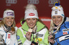 Winner and new slalom World Champion Mikaela Shiffrin of USA (M), second placed Michaela Kirchgasser of Austria (L) and third placed Frida Hansdotter of Sweden (R) celebrate their medals won in women slalom race of FIS Alpine skiing World Championships in Schladming, Austria. Women slalom race of FIS Alpine skiing World championships Schladming 2013, was held in Schladming, Austria, on Saturday, 16th of February 2013.
