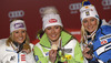 Winner and new slalom World Champion Mikaela Shiffrin of USA (M), second placed Michaela Kirchgasser of Austria (L) and third placed Frida Hansdotter of Sweden (R) celebrate their medals won in women slalom race of FIS Alpine skiing World Championships in Schladming, Austria. Women slalom race of FIS Alpine skiing World championships Schladming 2013, was held in Schladming, Austria, on Saturday, 16th of February 2013.
