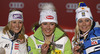 Winner and new slalom World Champion Mikaela Shiffrin of USA (M), second placed Michaela Kirchgasser of Austria (L) and third placed Frida Hansdotter of Sweden (R) celebrate their medals won in women slalom race of FIS Alpine skiing World Championships in Schladming, Austria. Women slalom race of FIS Alpine skiing World championships Schladming 2013, was held in Schladming, Austria, on Saturday, 16th of February 2013.
