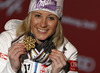 Second placed Michaela Kirchgasser of Austria celebrates her medal won in women slalom race of FIS Alpine skiing World Championships in Schladming, Austria. Women slalom race of FIS Alpine skiing World championships Schladming 2013, was held in Schladming, Austria, on Saturday, 16th of February 2013.
