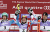 Winner and new slalom World Champion Marcel Hirscher of Austria (M), second placed Felix Neureuther of Germany (L) and third placed Mario Matt of Austria celebrate their success in finish of second run of men slalom race of FIS Alpine skiing World Championships in Schladming, Austria. Men slalom race of FIS Alpine skiing World championships Schladming 2013, was held in Schladming, Austria, on Sunday, 17th of February 2013.
