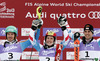 Winner and new slalom World Champion Marcel Hirscher of Austria (M), second placed Felix Neureuther of Germany (L) and third placed Mario Matt of Austria celebrate their success in finish of second run of men slalom race of FIS Alpine skiing World Championships in Schladming, Austria. Men slalom race of FIS Alpine skiing World championships Schladming 2013, was held in Schladming, Austria, on Sunday, 17th of February 2013.
