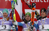 Winner and new slalom World Champion Marcel Hirscher of Austria (M), second placed Felix Neureuther of Germany (L) and third placed Mario Matt of Austria celebrate their success in finish of second run of men slalom race of FIS Alpine skiing World Championships in Schladming, Austria. Men slalom race of FIS Alpine skiing World championships Schladming 2013, was held in Schladming, Austria, on Sunday, 17th of February 2013.
